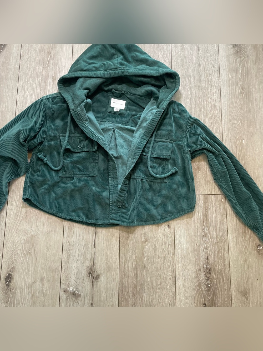 American Eagle Green Cropped Corduroy Hooded Shacket Jacket Size M - Picture 2 of 5